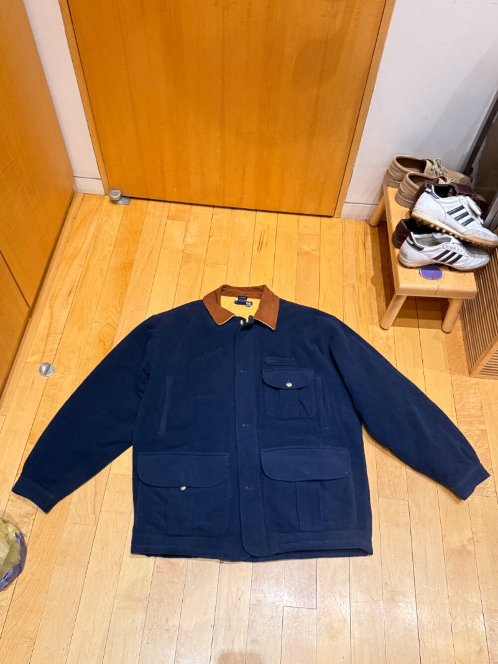 Vintage 90s Nautica Navy Fuzzy Barn Jacket Leather Collar Elbow Patches XL